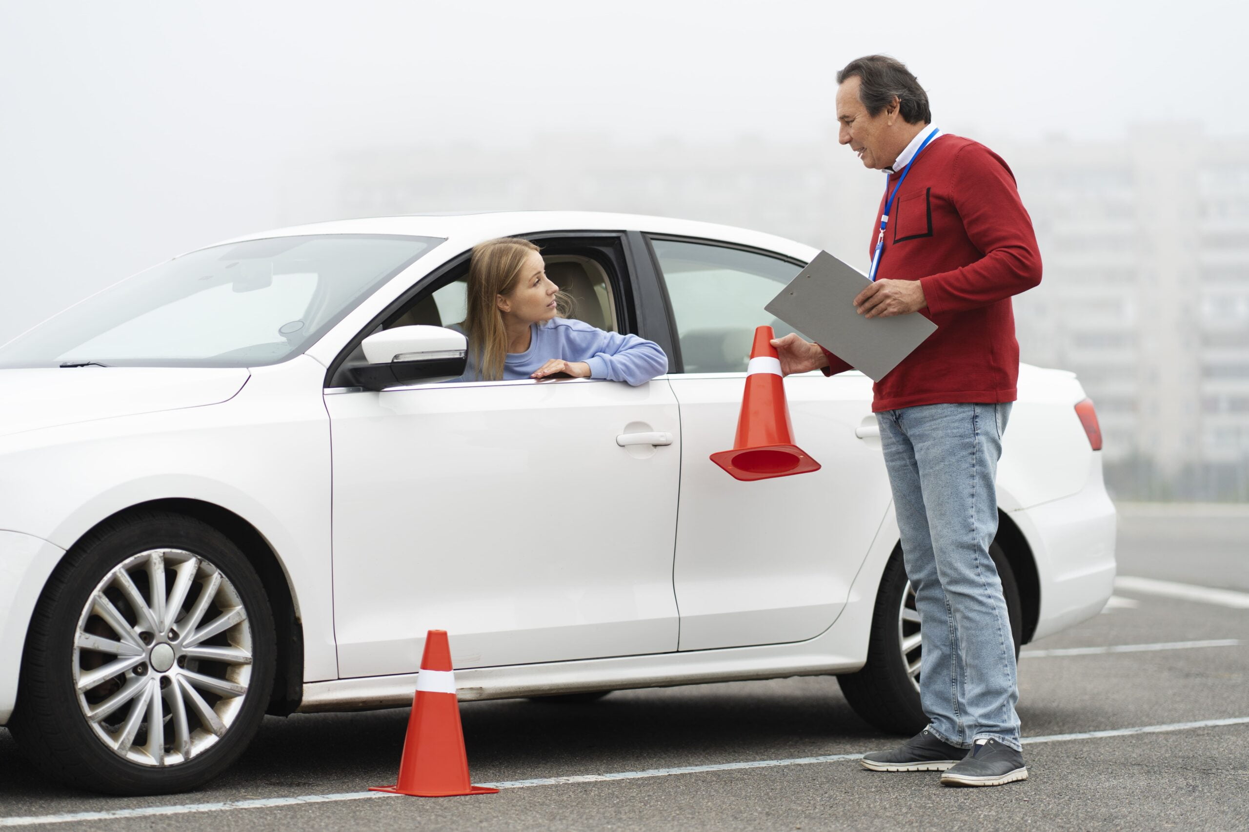recuperar puntos del carnet de conducir en Valencia - profesor explicando en coche rojo